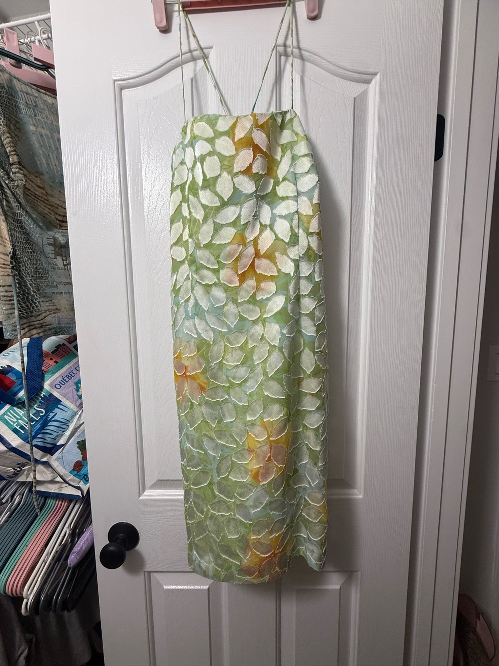 Delicate Green Floral Midi Slip Dress with Spaghetti Straps